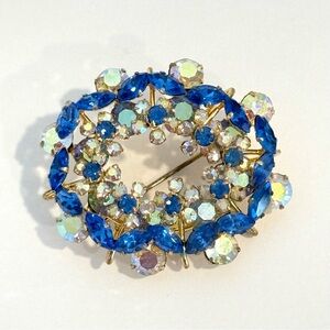 Vintage Austria Rhinestone Brooch Blue Aurora Borealis Gold Tone Colorful Oval